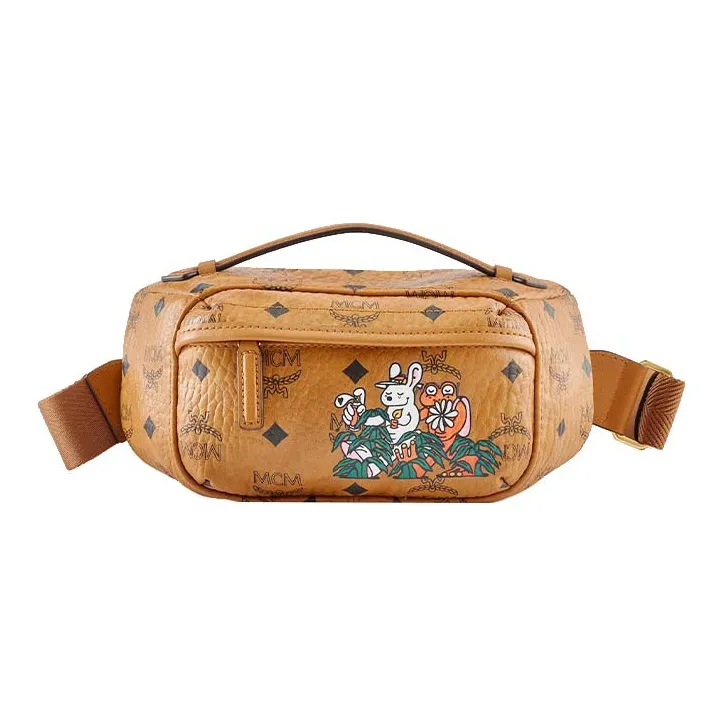 MCM Aka Boku Klassik Visetos Textile, Leather Crossbody Handbag Small Size Women's Cognac-0