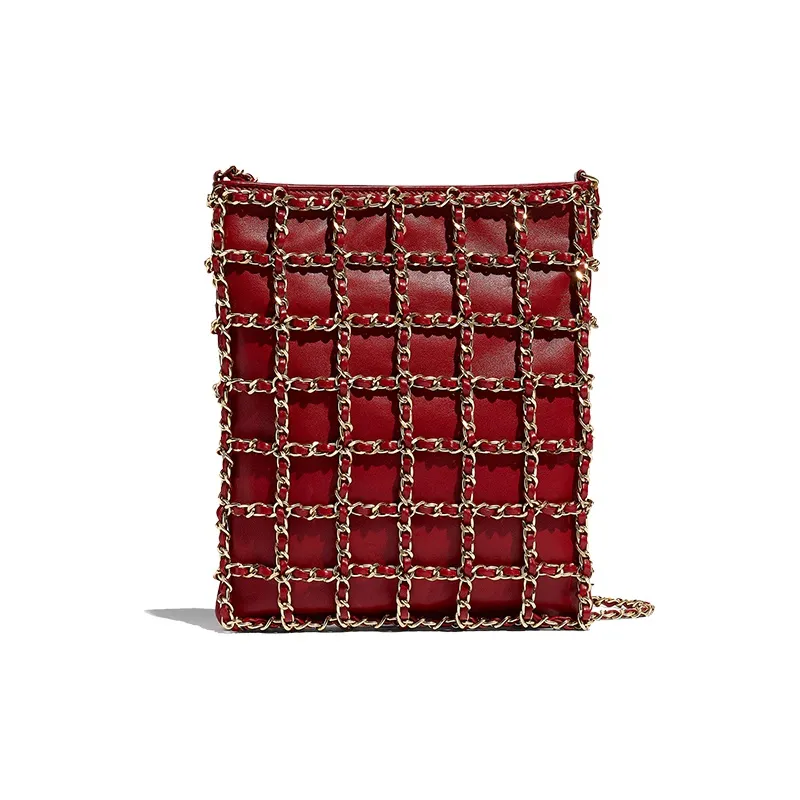 CHANEL Sheepskin And Gold Metal Cell Phone Pouch, Shoulder Bag, Crossbody Bag Women's Red-1