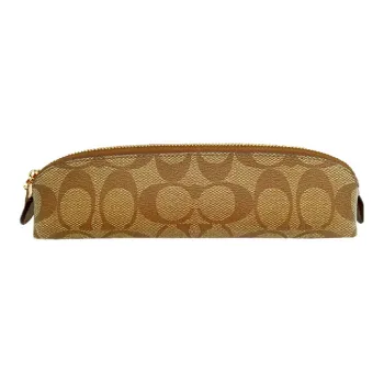COACH Pencil Case Canvas Leather Zip Closure Makeup Brush Bag Small Size Women's Khaki