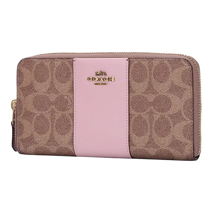 COACH Accordion Zip Cow Leather Clutches Wallets Women's Khaki Pink-1