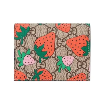 GUCCI Canvas With Leather Card Holder Wallet Coin Purses Women's Beige/Ebony/Red Pink