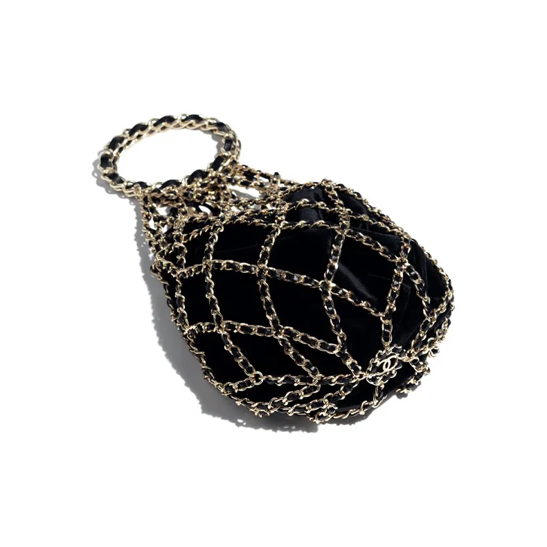 CHANEL Velour Metal Drawstring Bag Handbag Women's Black-2
