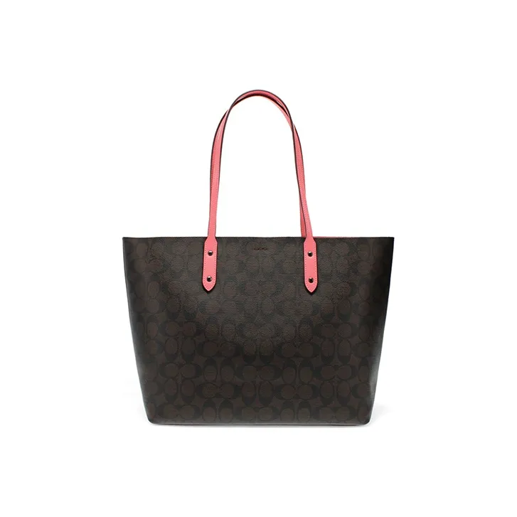 COACH Canvas With Leather Tote Large Size Women's Dark Khaki With Pink-2