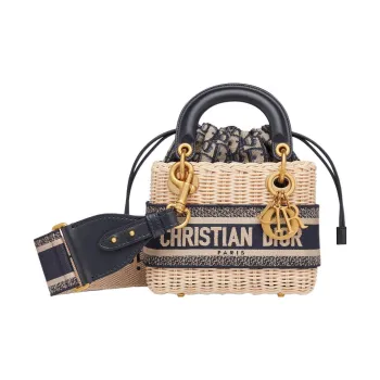 DIOR Lady Dior Wicker Woven Detachable Embroidery Wide Strap Shoulder Bag, Crossbody Bag, Handbag Mini Women's Ecru