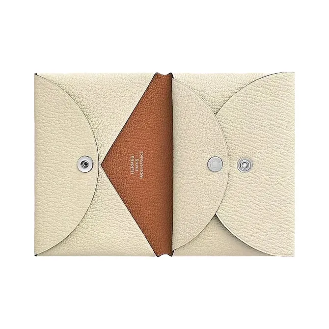 HERMES Calvi Duo Goatskin Wallet, Card Holder, Coin Purse Women's Cream White & Wood Color-5