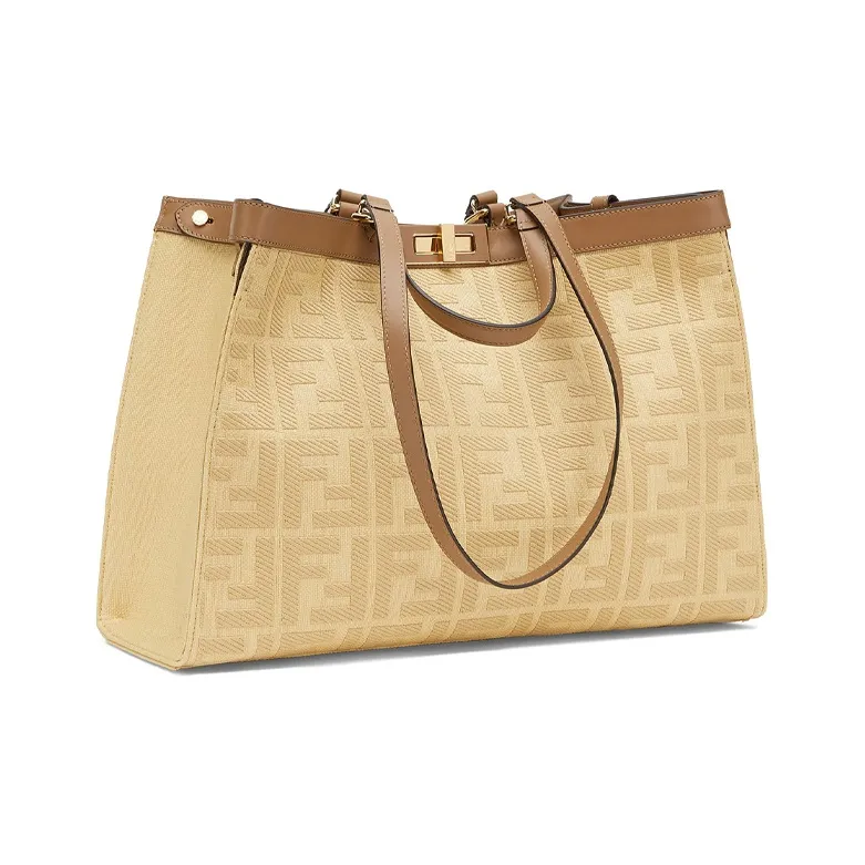 FENDI Peekaboo Canvas With Leather Tote One Shoulder Handbag Medium Size Women's Beige-1