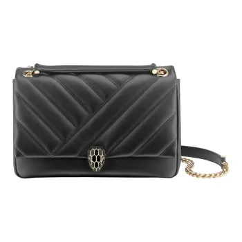 BVLGARI Serpenti Cabochon Cow Leather Shoulder Bag Women's Black