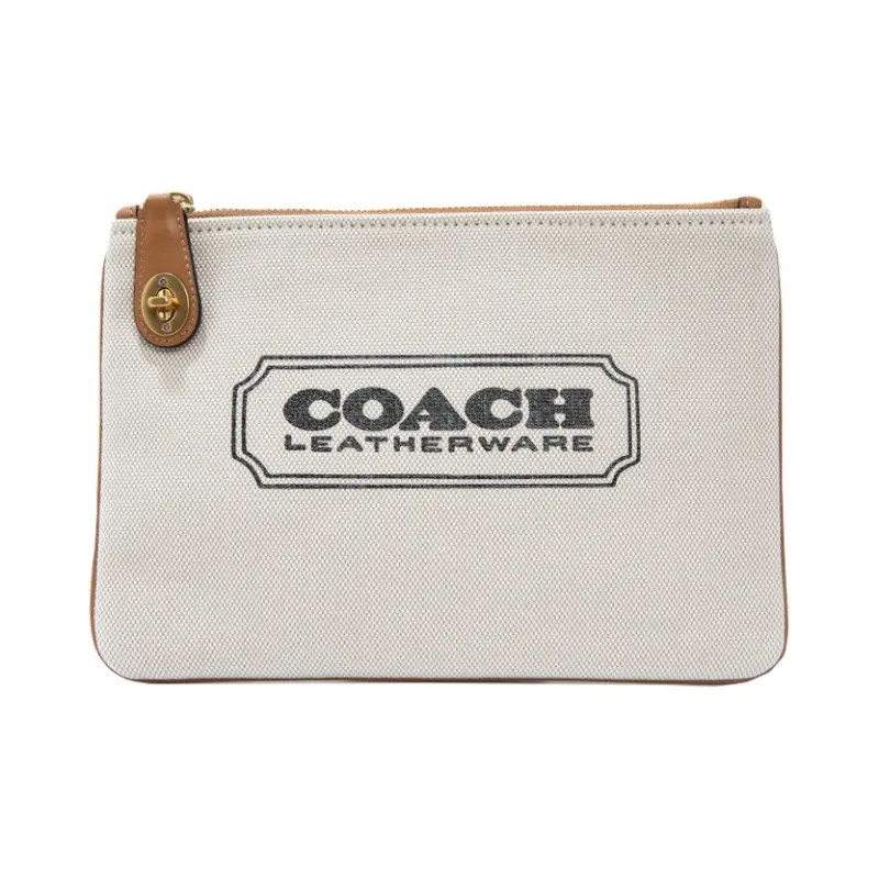 COACH Turnlock Canvas Canvas Bag Clutches Medium Size Unisex Beige-0