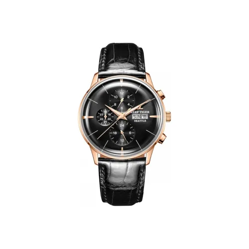REEF TIGER Seattle Collection Mechanical Movement Genuine Leather Strap Watch Men's Watches Black Dial