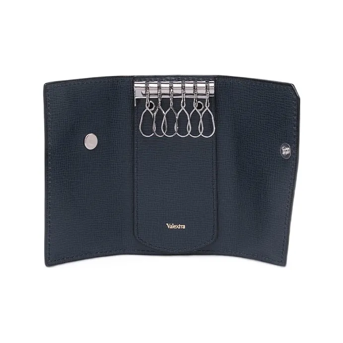 Valextra Pocket Leather Key Pouch Unisex Dark Blue-2