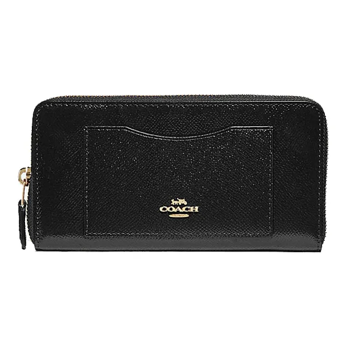 COACH Accordion Zip Patent Leather, Cross Grain Leather Wallet Women's Black-0