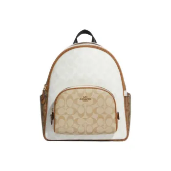 COACH Court Canvas With Leather And Pebbled Leather Backpack Large Size Women's White Khaki Brown