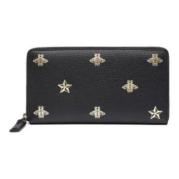 GUCCI Cow Leather Long Zip Closure Wallet Unisex Black