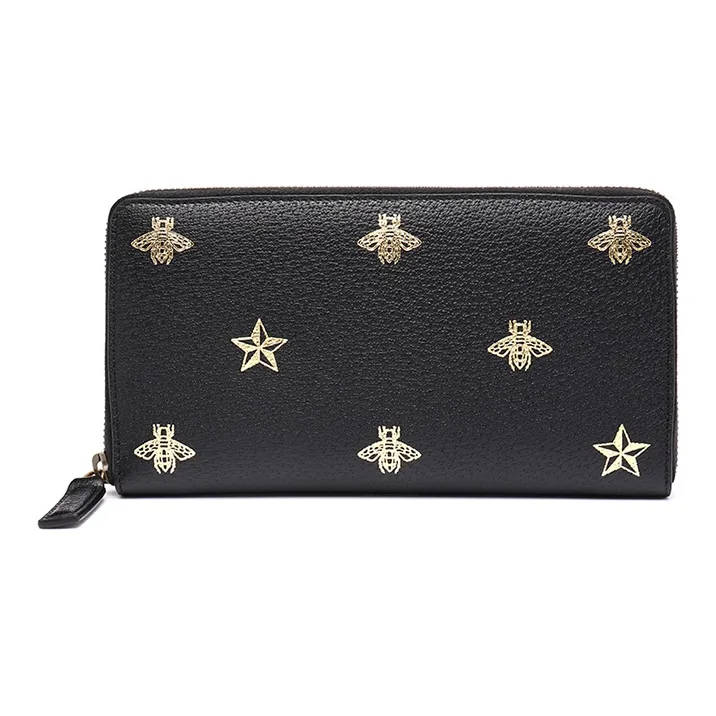 GUCCI Cow Leather Long Zip Closure Wallet Unisex Black-0