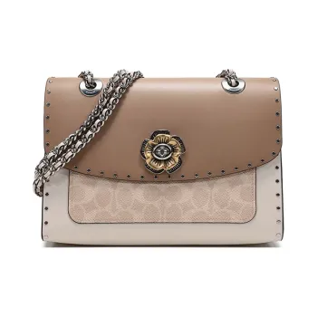 COACH Parker Coated Canvas With Leather Chain Bag, Handbag, Shoulder Bag, Crossbody Bag Women's Light Brown With Sand