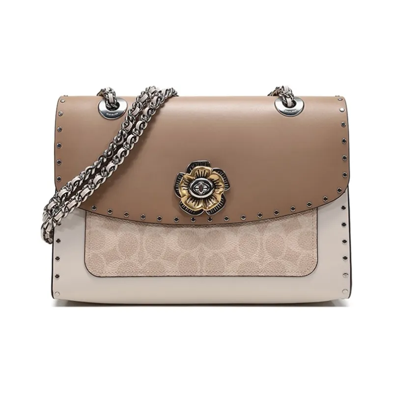 COACH Parker Coated Canvas With Leather Chain Bag, Handbag, Shoulder Bag, Crossbody Bag Women's Light Brown With Sand-0