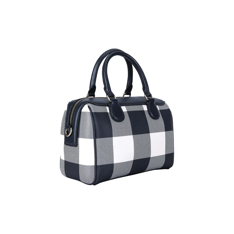 COACH Bennett Leather Boston Bag Crossbody Bag Shoulder Bag Handbag Small Size Women's Navy Blue Plaid-1