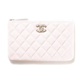 CHANEL Shiny Fine Grained Calfskin Zippers Clutch Coin Purse Trumpets Women's Light Pink