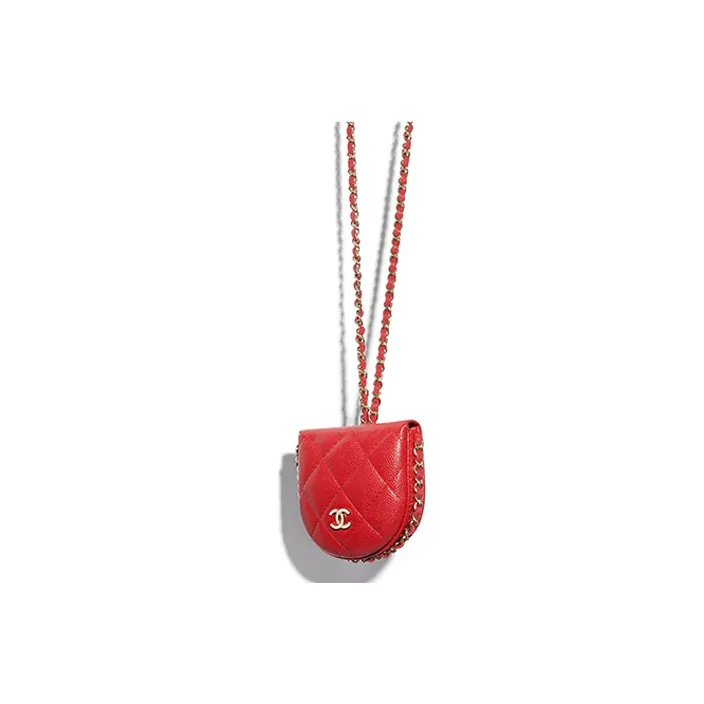 CHANEL Caviar Calfskin Chain Necklace Coin Purse Earphone Case Women's Red-1