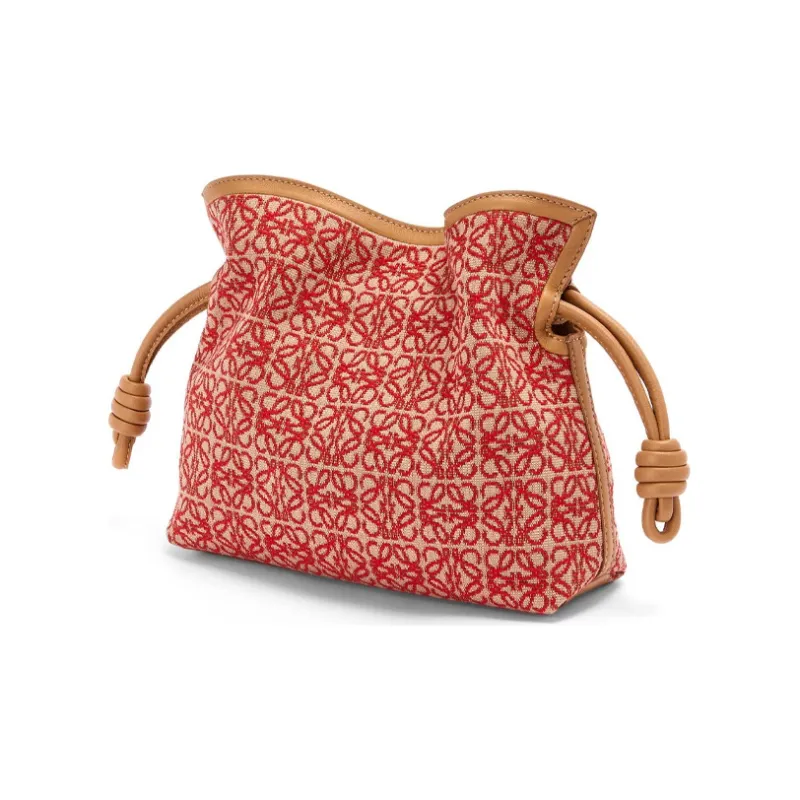 LOEWE Flamenco Jacquard Fabric With Calfskin Drawstring Bag Clutch Mini Women's Red/Desert Brown-1