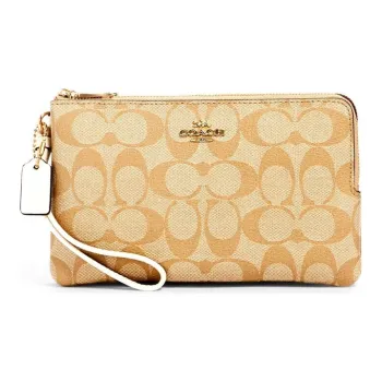 COACH Double Zip Wallet Canvas With Leather Wallet Coin Purse Clutch Regular Women's Light Brown