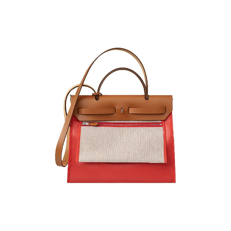 HERMES Herbag Zip Cowhide Patchwork Canvas Handbag Shoulder Bag Crossbody Bag Women's Orange Red/Brown-2