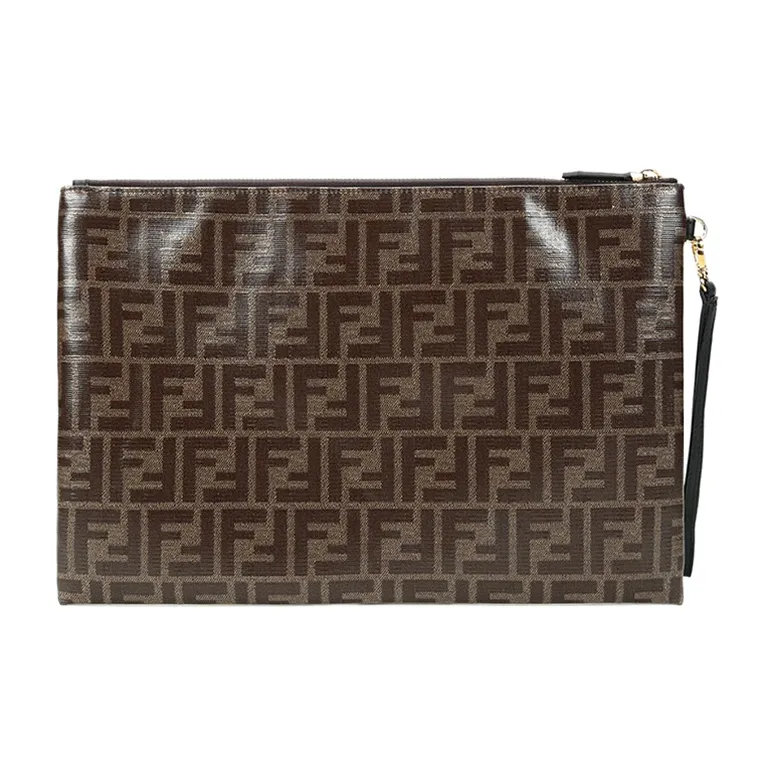 FENDI Cow Leather Clutch Large Size Unisex Brown-2