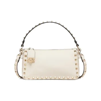Valentino Rockstud Grain Calfskin Baguette Bag, One Shoulder Handbag Trumpets Women's White