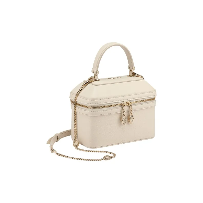 BVLGARI Serpenti Forever Cow Leather Portable One Shoulder Crossbody Pearl Box Makeup Bag Women's Ivory White-1