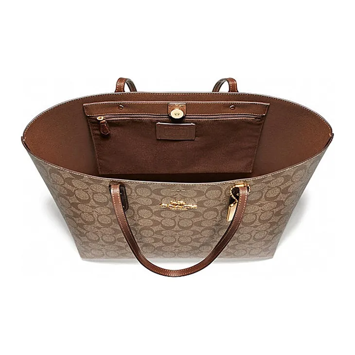 COACH Town Monogram Canvas With Leather Tote Bag Shopping Bag Handbag Shoulder Bags Women's Khaki/Pink-1