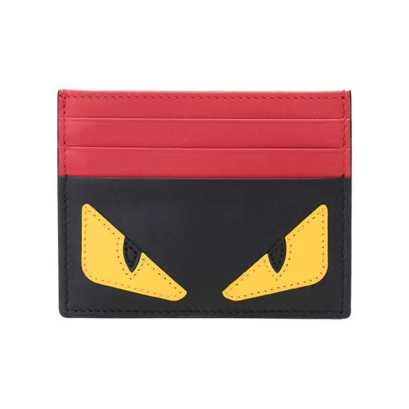 FENDI Leather Card Clip Card Holder Men's Black/Yellow/Red-0