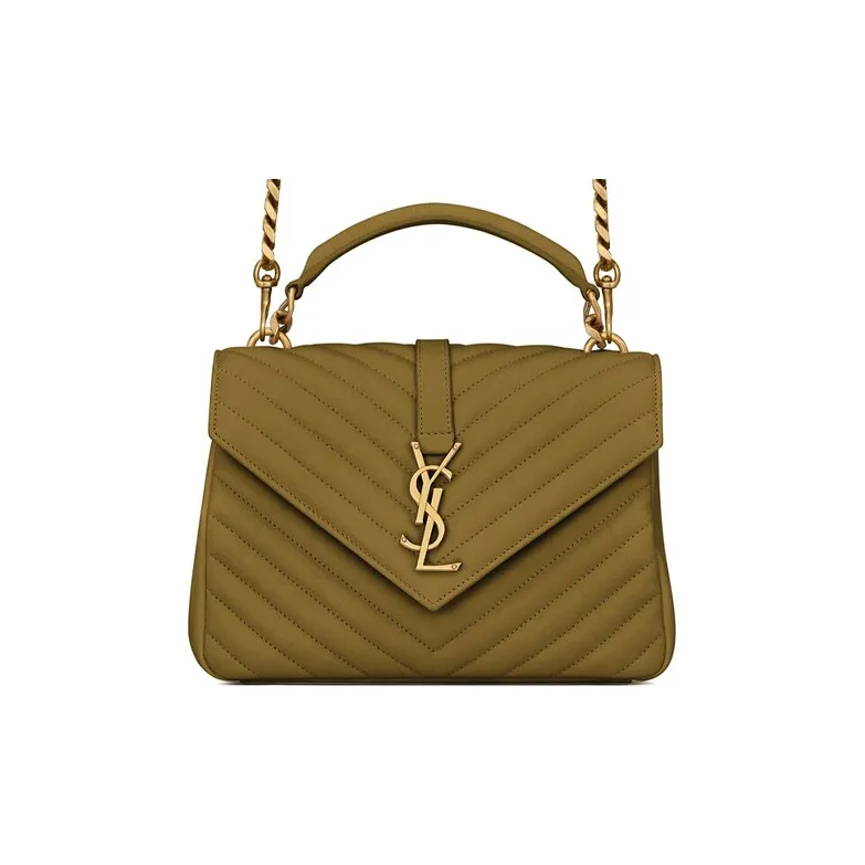 SAINT LAURENT College Quilting Leather Portable Crossbody Bag Shoulder Bag Medium Size Women's Olive Green-0