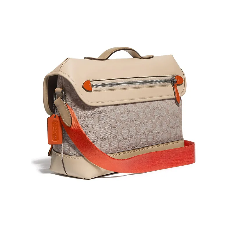COACH League Canvas With Leather Messenger Bag, Shoulder Bag, Crossbody Bag, Handbag Tubas Men's Beige Orange-1
