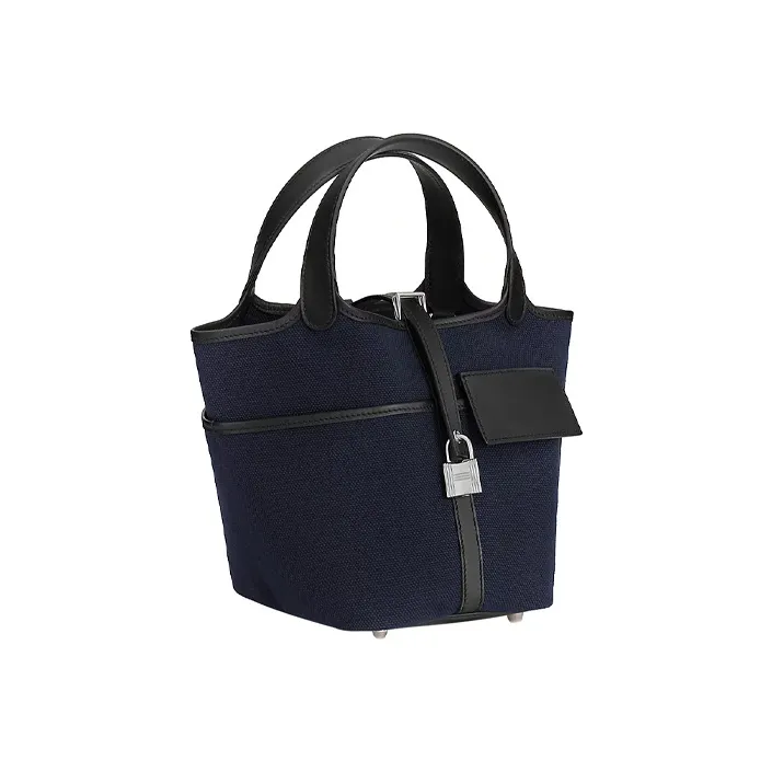 HERMES Canvas With Swift Calfskin Basket Bag Handbag Bucket Bag Unisex Deep Sea Blue & Black-1