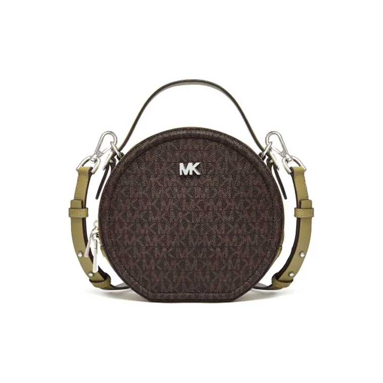 MICHAEL KORS Delaney Cow Leather Round Bag, Shoulder Bag, Crossbody Bag Medium Size Women's Dark Brown & Olive Green-0