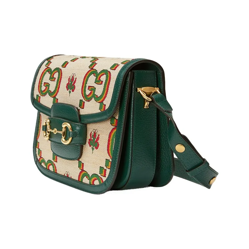 GUCCI Horsebit 1955 Jacquard With Leather Saddle Bag, Shoulder Bag, Crossbody Bag Trumpets Unisex Beige/Green-1