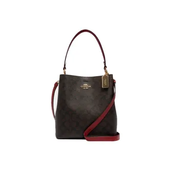 COACH Town Canvas With Leather Bucket Bag Portable Crossbody Bag Shoulder Bag Medium Size Women's Red & Dark Brown