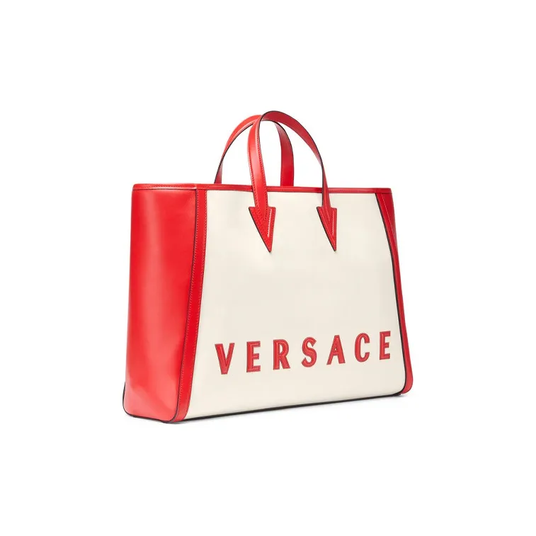 VERSACE Cotton Leather Tote Bag Shopping Bag Shoulder Bag Handbag Men's Red White-1