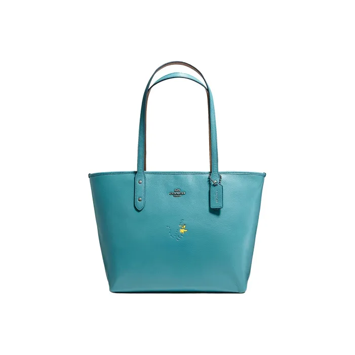 COACH X Snoopy City Leather Portable One Shoulder Large Capacity Zippers Tote Tubas Women's Lake Blue-0
