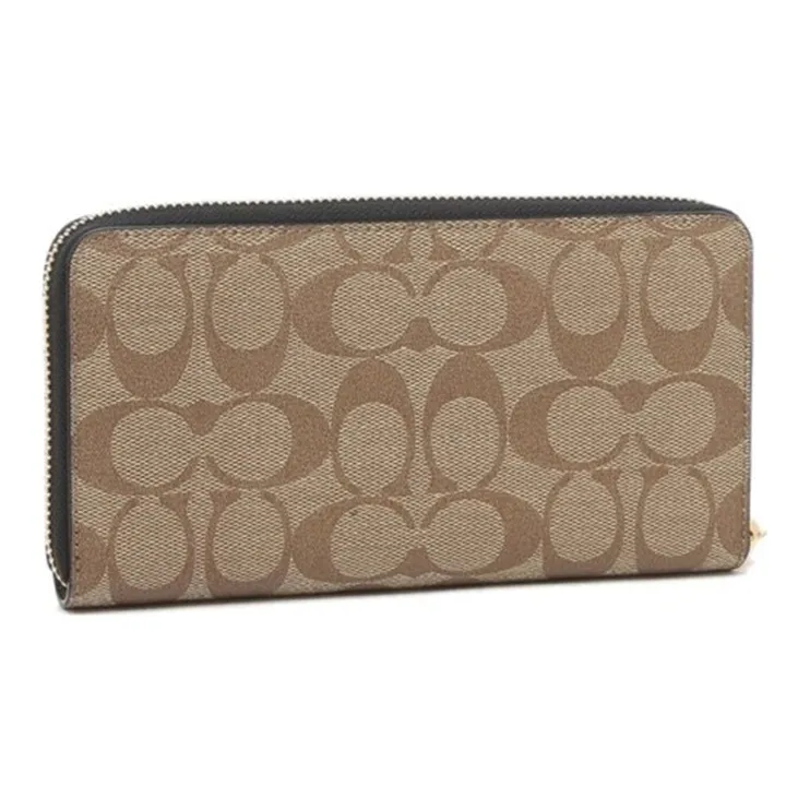COACH Zip Around Canvas With Leather Wallets Clutches Women's Black & Khaki Monogram-5