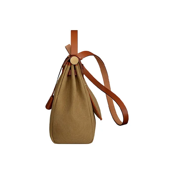 HERMES Herbag Zip Canvas With Hunter Cow Leather Portable Canvas Shoulder Bag, Crossbody Bag Unisex Linen Green-2