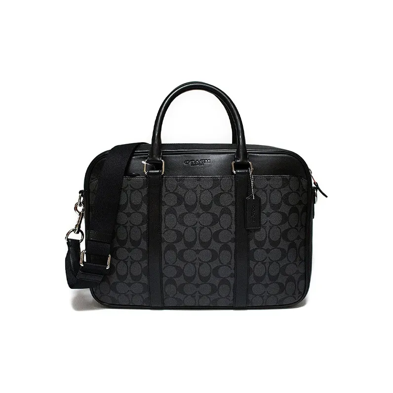 COACH Monogram Canvas With Leather Slim Edition One Shoulder Crossbody Briefcase Handbag Men's Charcoal Black Monogram-0