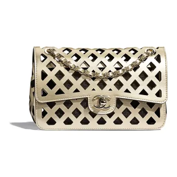CHANEL Classic Flap CF Calfskin & Print Fabric & Metal Crossbody Bag, Shoulder Bag Women's Gold