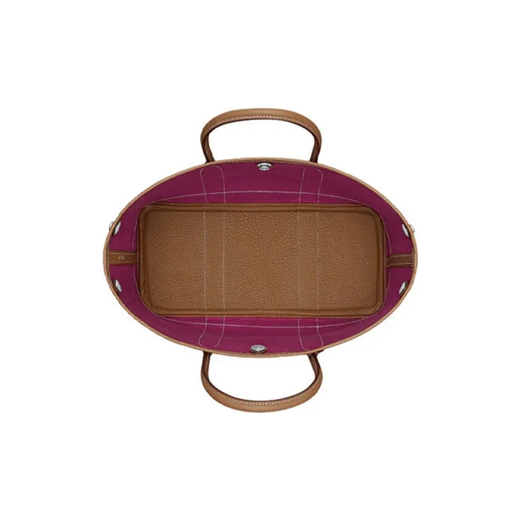 HERMES Garden Party Officier Canvas With Negonda Leather Handbag Unisex Gold Brown Inner & Rose Red-2
