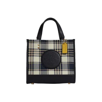 COACH Dempsey Fabric With Cow Leather Handbag Shoulder Bag Crossbody Bag Small Size Women's Dark Navy Blue Beige Plaid