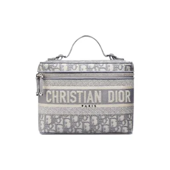 DIOR Canvas Makeup Bag Travel Storage Bag Handbag Toiletry Bag Women's Light Gray