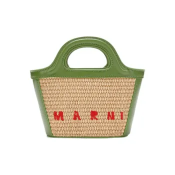 MARNI Fabric With Cow Leather Basket Bag Shoulder Bag Crossbody Bag Handbag Small Size Women's Green/Brown