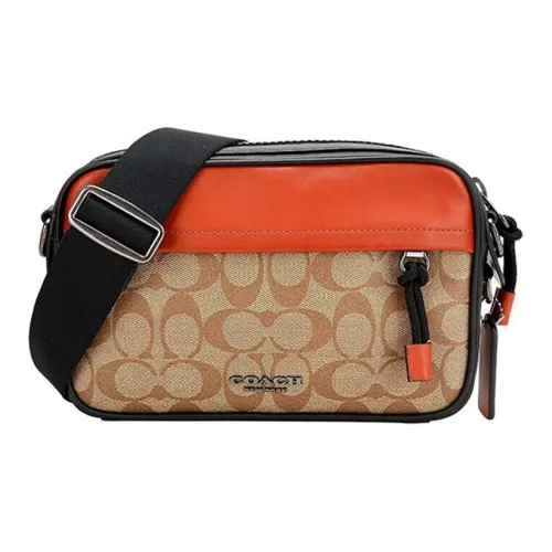 COACH Graham Artificial Leather Camera Bag Shoulder Bag Crossbody Bag Medium Size Men's Khaki With Orange Red Accents