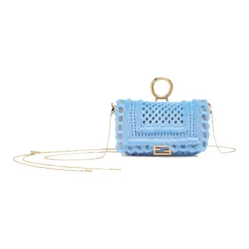 FENDI Baguette Mink Fur Baguette Bag Coin Purses Shoulder Bag Crossbody Bag Extra Mini Women's Light Blue