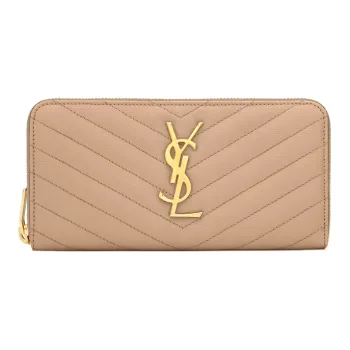 SAINT LAURENT Monogram Zip Around Wallet Grain De Poudre Dark Beige